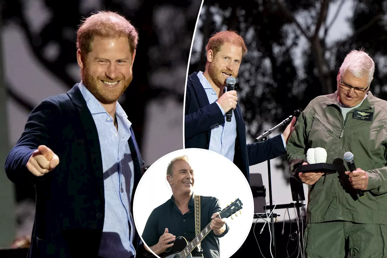 Prince Harry cracks joke onstage at Kevin Costner's charity event while 'sick' Meghan Markle no-shows