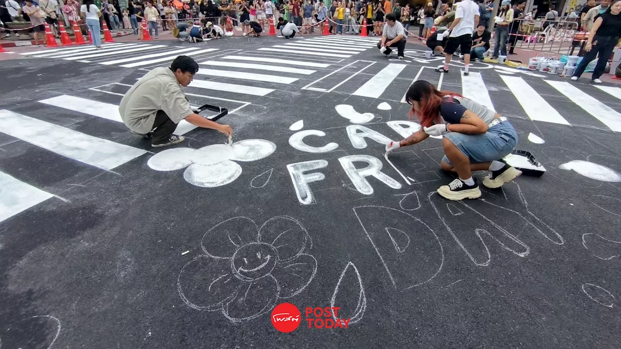 (ภาพ) Bangkok Car Free 2024 กทม. เพ้นท์สีถนนบรรทัดทอง เพิ่มพื้นที่คนเดินเท้า