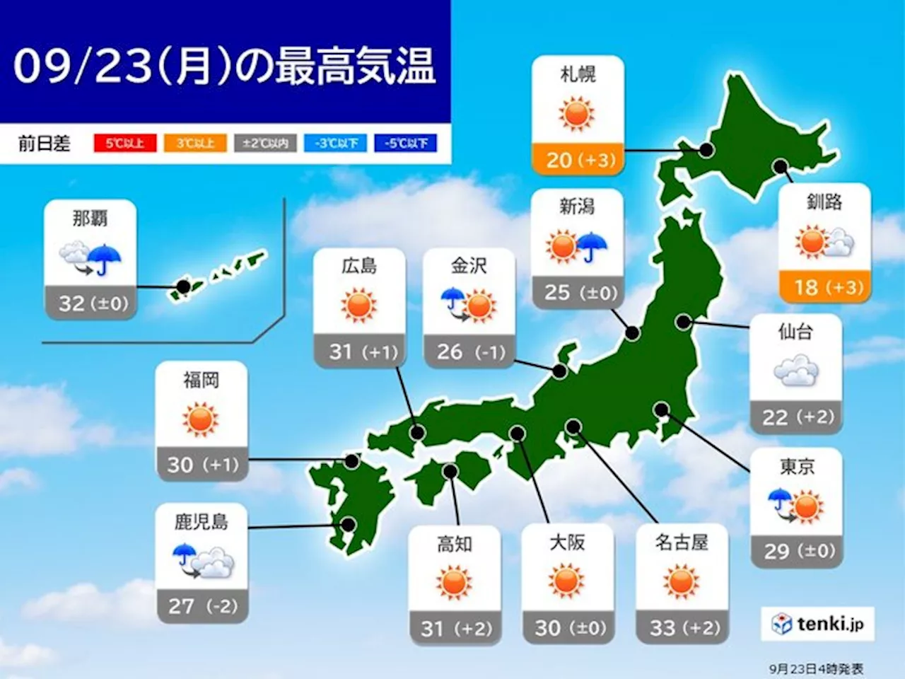 23日 能登は少しの雨でも土砂災害に警戒 日中は広く晴天 関東以西で真夏日も(気象予報士 青山 亜紀子 2024年09月23日)