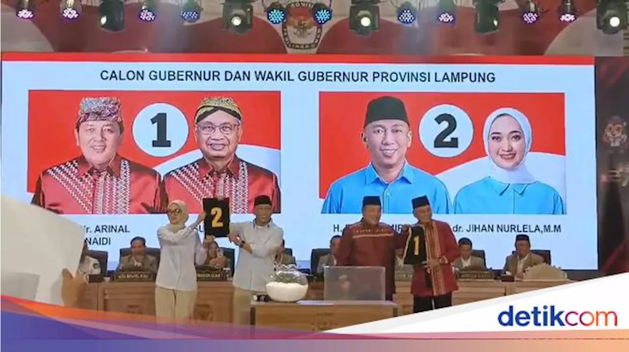 Resmi! Arinal-Sutono Nomor Urut 1, Mirza-Jihan Nomor Urut 2 Pilgub Lampung