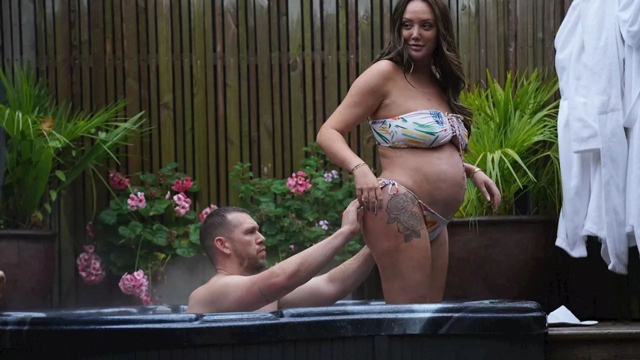 Pregnant Charlotte Crosby shows off her growing baby bump as she strips down to her bikini for hot tub dip...