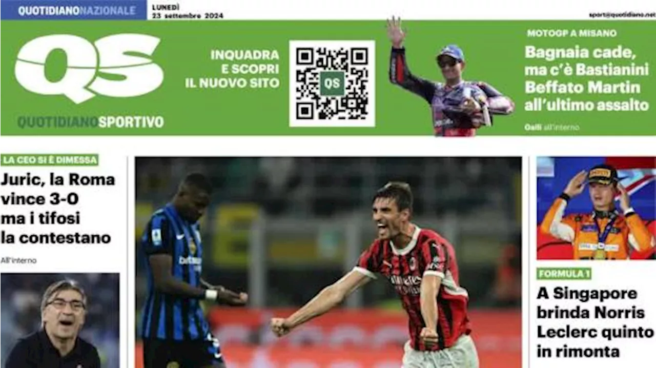 Il QS in prima pagina esalta la vittoria del Milan: 'Inter in Gabbia: vince Fonseca'