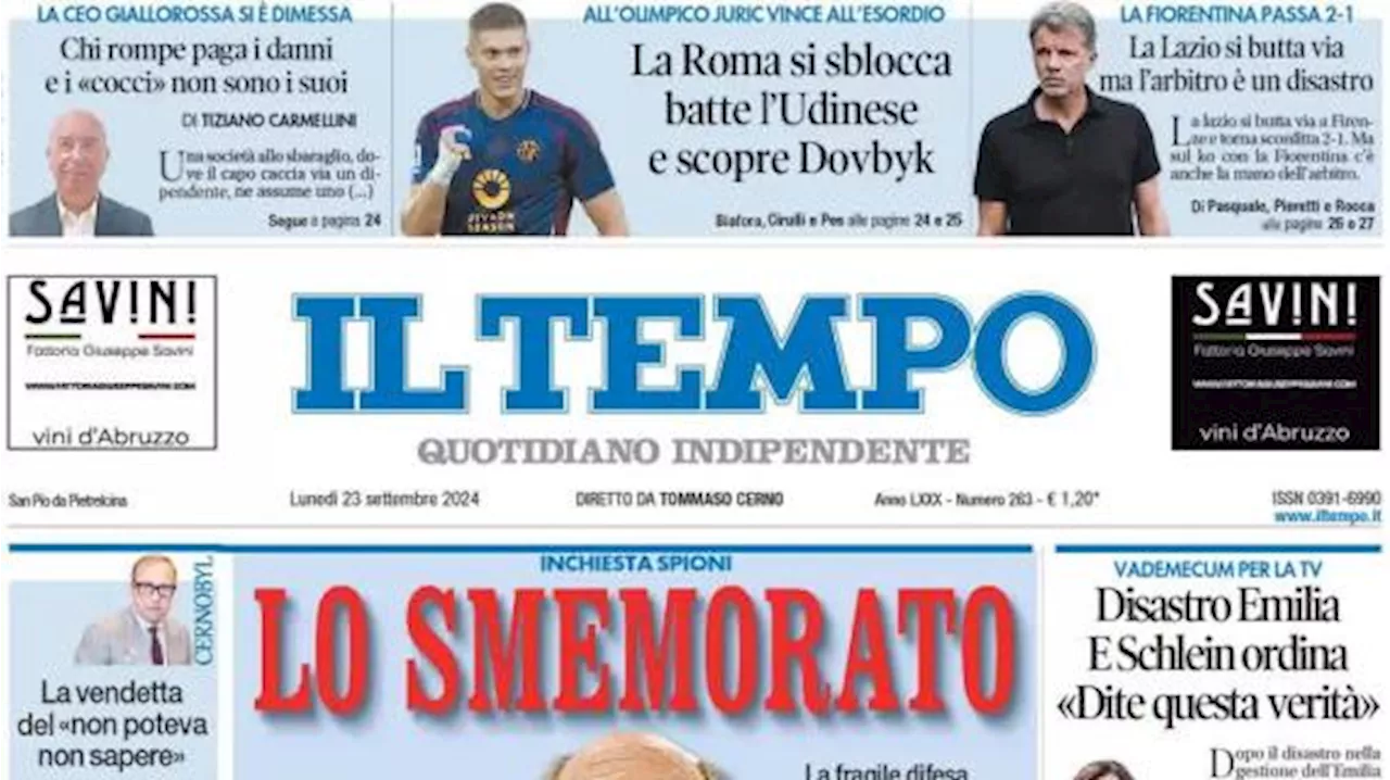 Il Tempo in prima pagina sul successo giallorosso: 'La Roma si sblocca e batte l'Udinese'