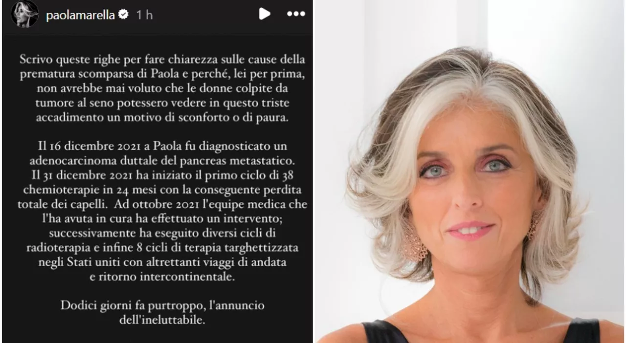 Paola Marella aveva «un tumore al pancreas, ha fatto 38 cicli di chemio ma non si è mai lamentata». Il post de