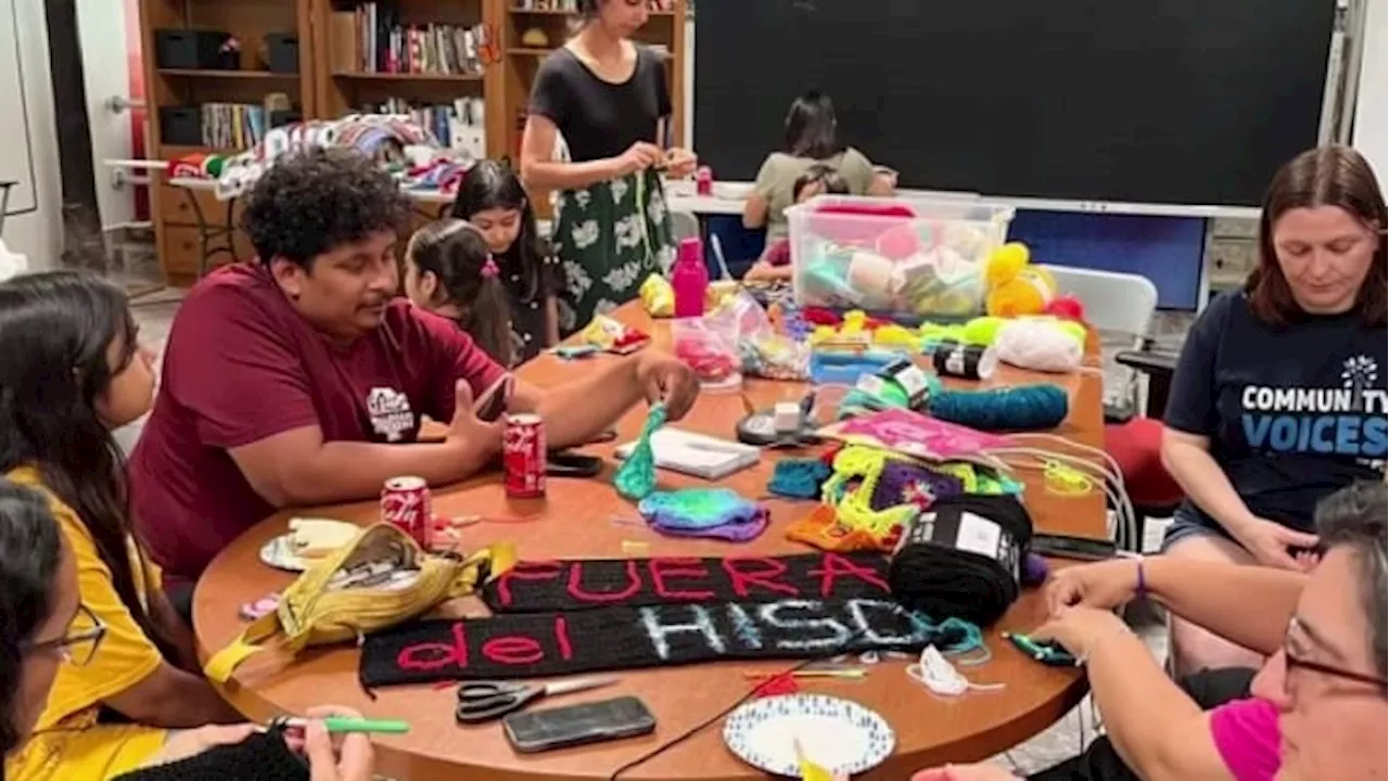 Houston ISD community members using Yarn Bombing and Crocheting to protest takeover and bond