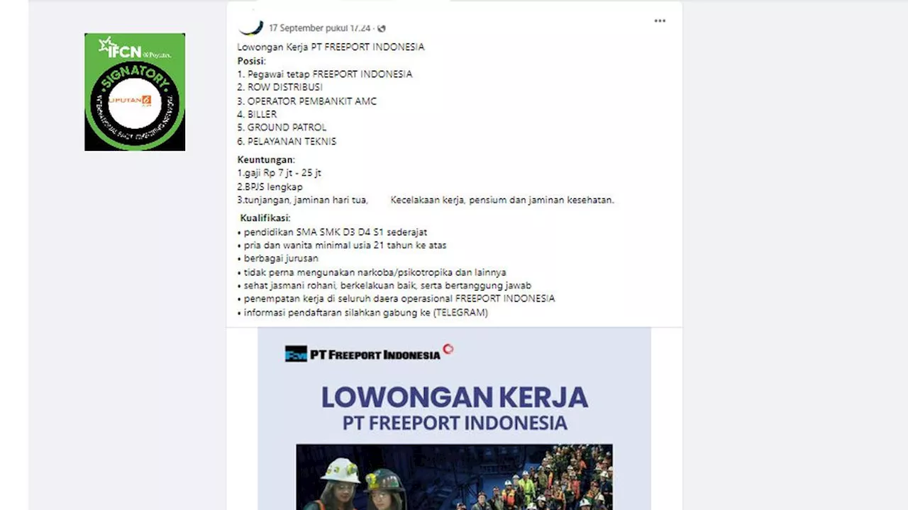 Cek Fakta: Tidak Benar Pendaftaran Lowongan Kerja Freeport Indonesia Lewat Telegram