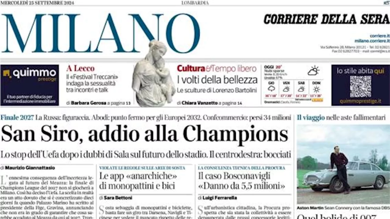 Corriere di Milano in apertura: 'San Siro, addio alla Champions League 2027'