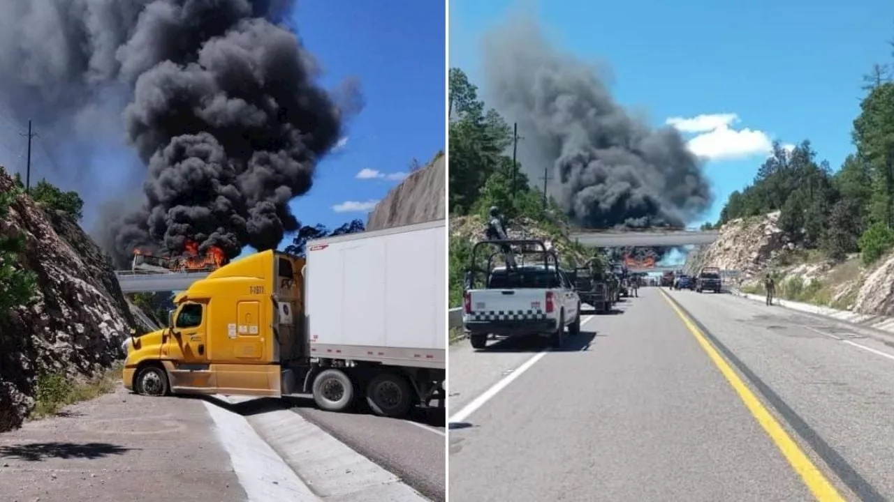 Narcobloqueo en la Mazatlán-Durango: explota un tráiler tras enfrentamiento