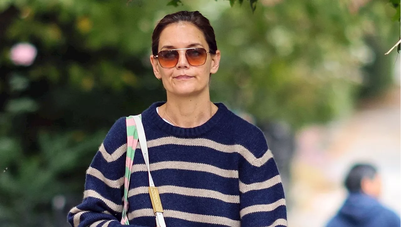 Katie Holmes Puts a French Girl Spin on Her Cozy Striped Sweater With $150 Ballet Flats