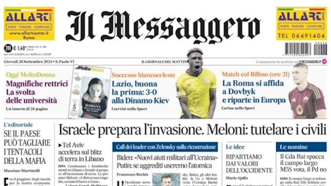 Il Messaggero in prima pagina: 'Lazio, buona la prima: 3-0 alla Dinamo Kiev'