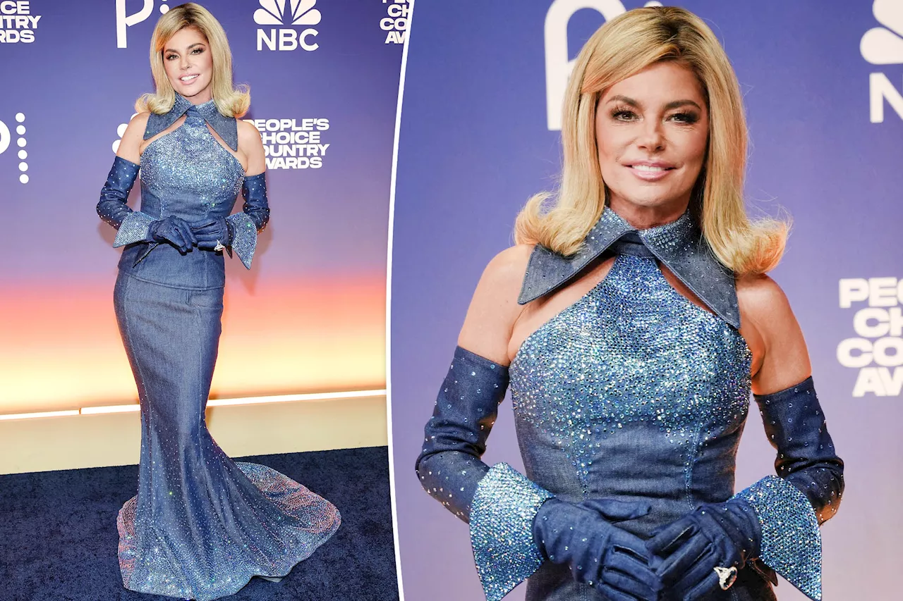 Shania Twain glitters in denim two-piece dress on People's Choice Country Awards red carpet