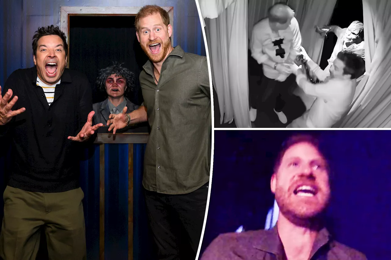 Watch 'screaming' Prince Harry get spooked as he goes through haunted maze with Jimmy Fallon