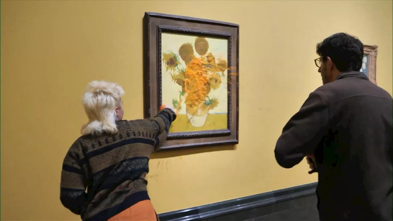 Soup thrown at Vincent van Gogh paintings hours after Just Stop Oil protesters jailed