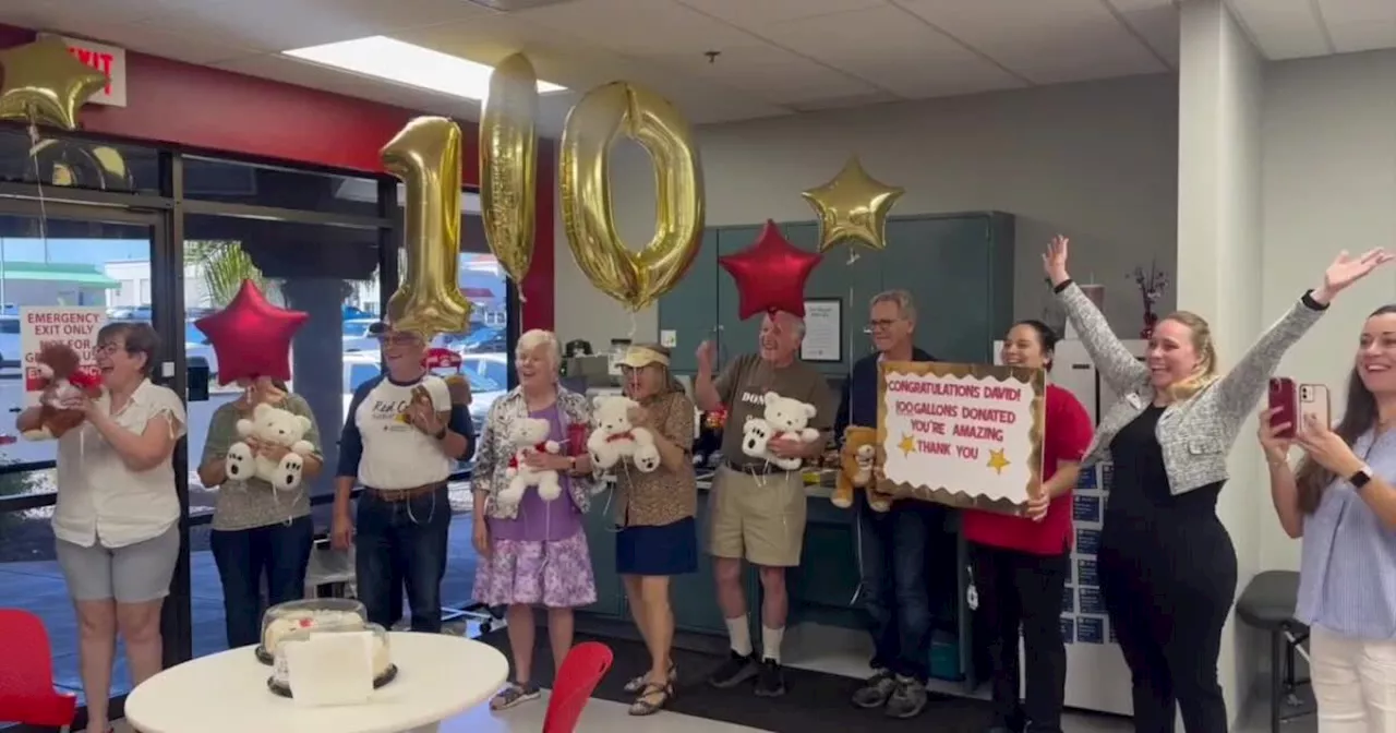 Eastside man donates 100th gallon of blood, surprised with celebration