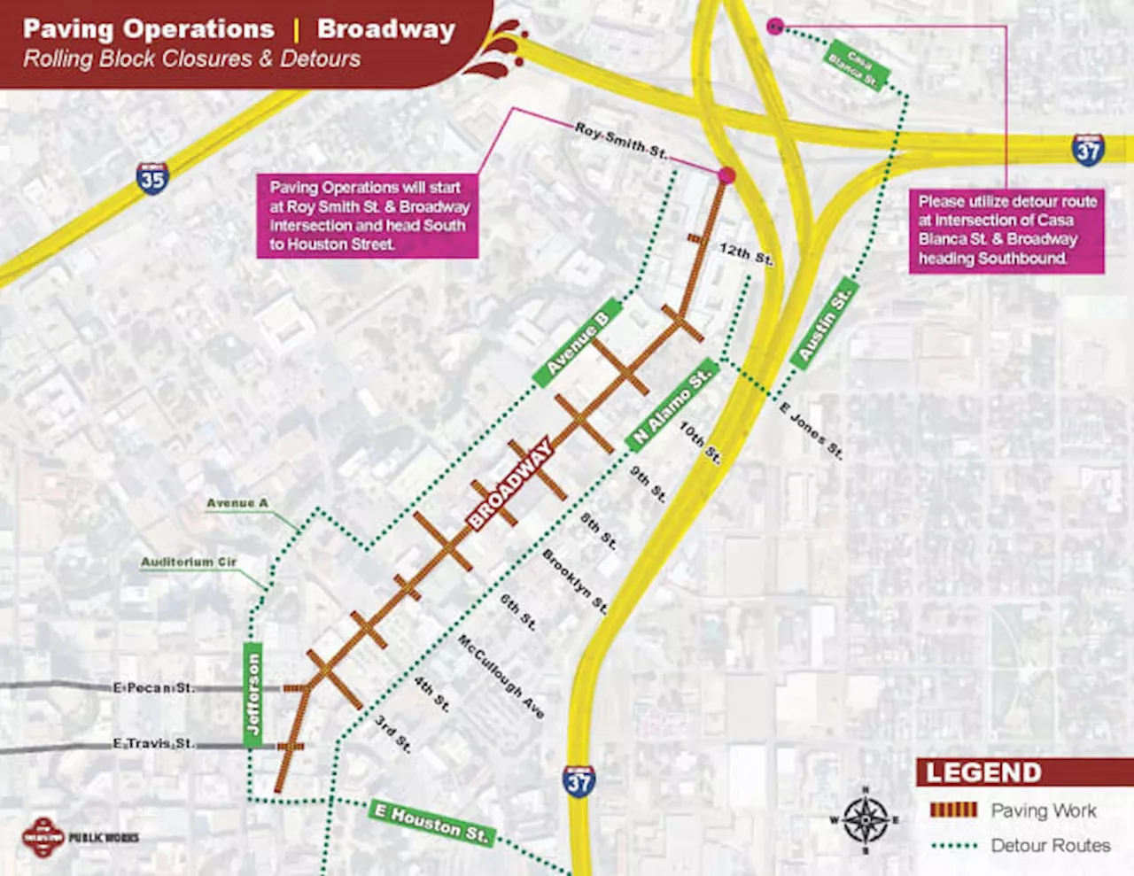 Final pavements are underway at Lower Broadway downtown San Antonio