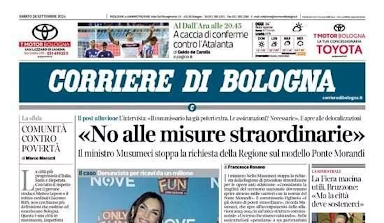 La prima pagina del Corriere di Bologna: 'A caccia di conferme contro l'Atalanta'