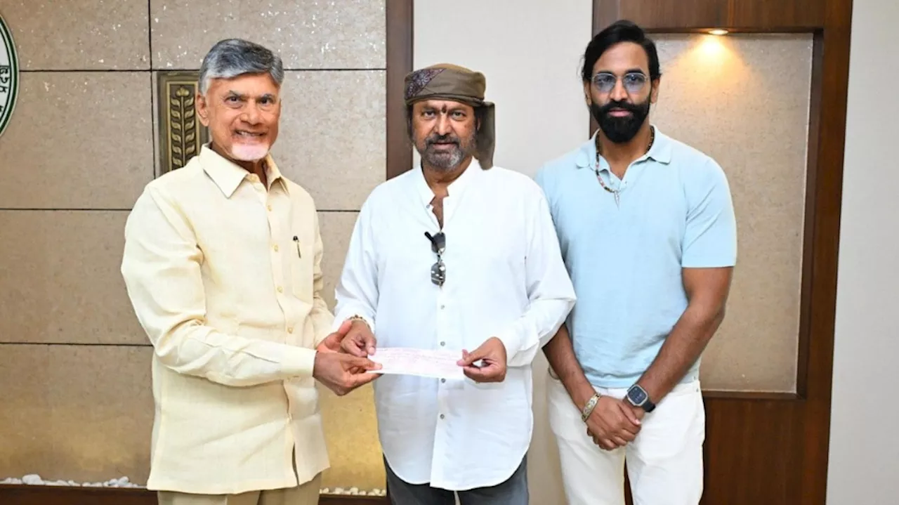 Mohan Babu: ఏపీ సీఎం చంద్రబాబుని కలిసి వరద సాయం చెక్కుని అందజేసిన మోహన్ బాబు, విష్ణు మంచు..