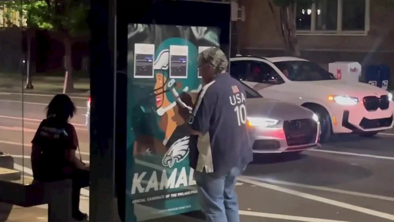 Eagles fan covers 'counterfeit political ads' that endorse Kamala Harris