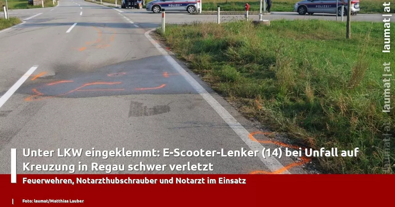 Unter LKW eingeklemmt: E-Scooter-Lenker (14) bei Unfall auf Kreuzung in Regau schwer verletzt