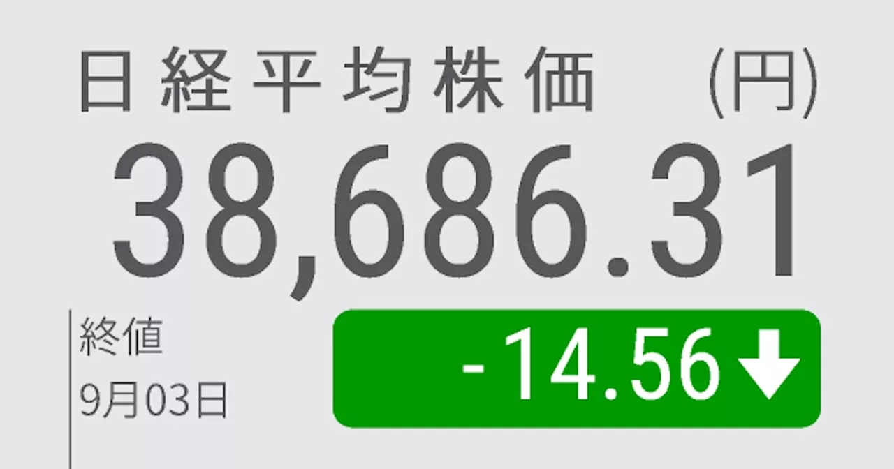 日経平均小反落、終値14円安の3万8686円