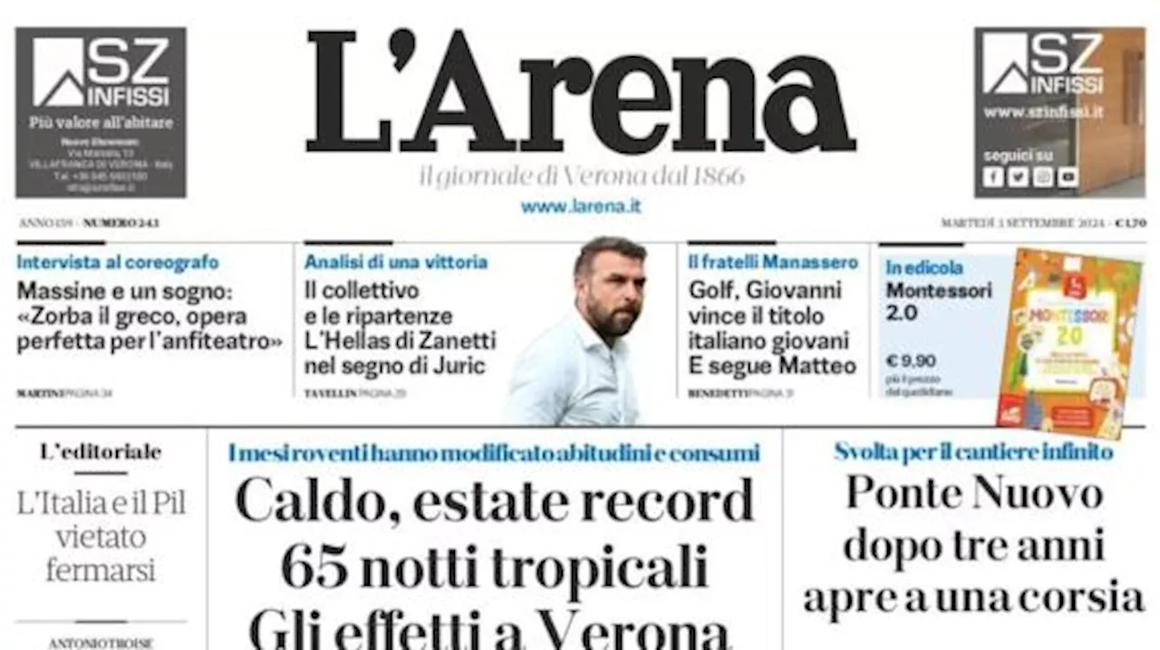 L’Arena nel taglio alto della prima pagina: “L’Hellas di Zanetti nel segno di Juric”