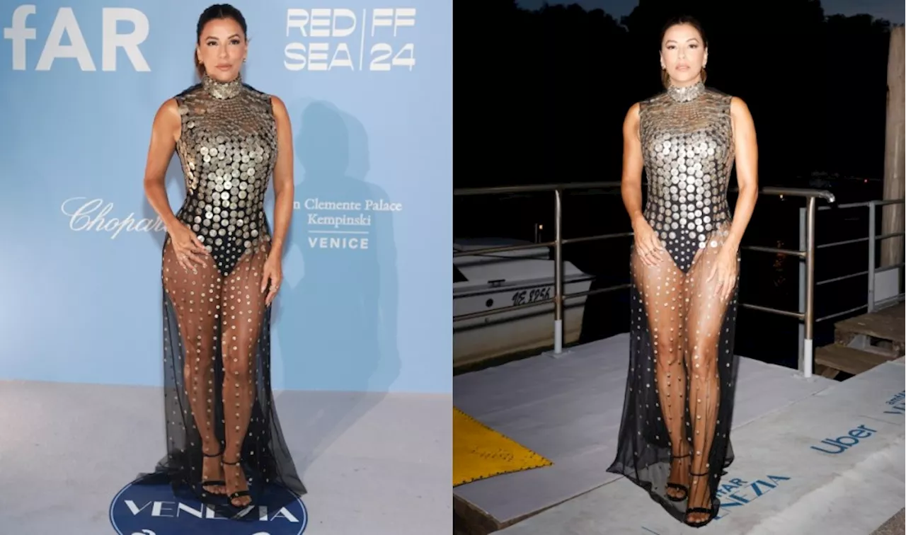 Eva Longoria Embraces the Sheer Trend in Sequined Alberta Ferretti Gown at AmfAR Gala in Venice