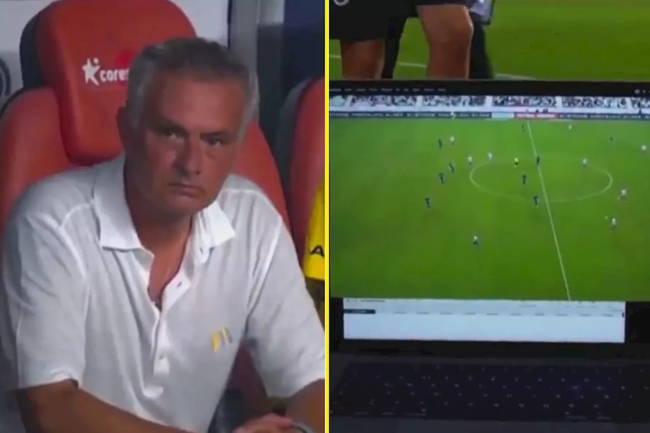 Jose Mourinho lands strange yellow card for extraordinary laptop protest over disallowed Fenerbahce goal...