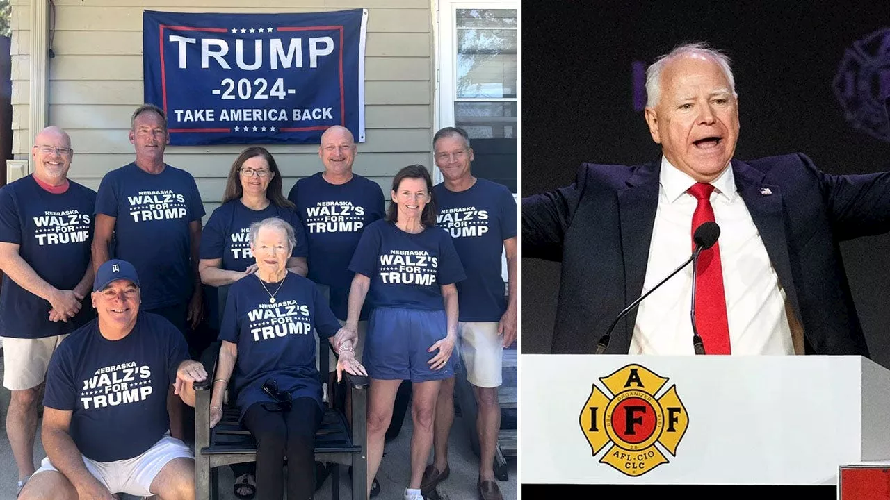 Tim Walz family members pose in t-shirts declaring their presidential preference: 'Walz's for Trump'