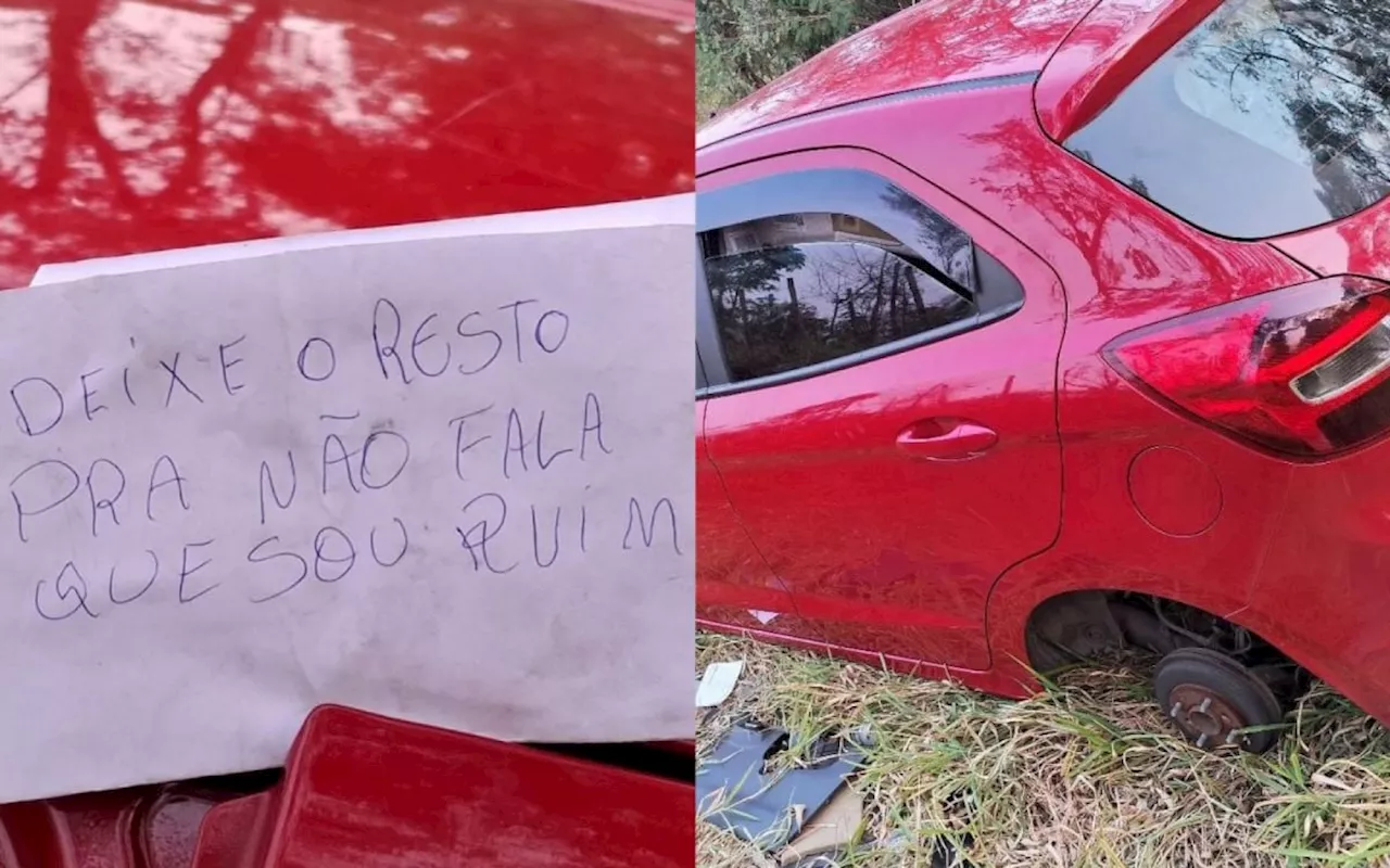 'Deixei o resto': carro roubado em Jundiaí é encontrado sem rodas e com recado