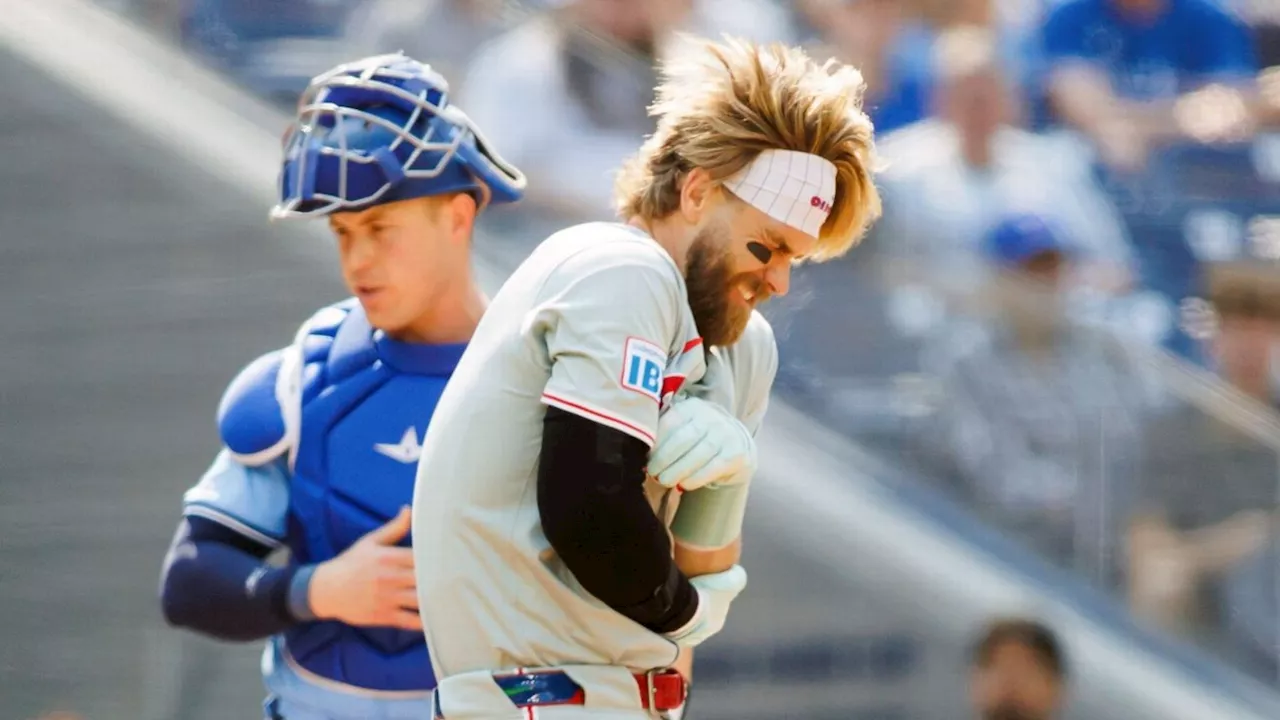 Phillies' Bryce Harper hit on left elbow by pitch, exits win