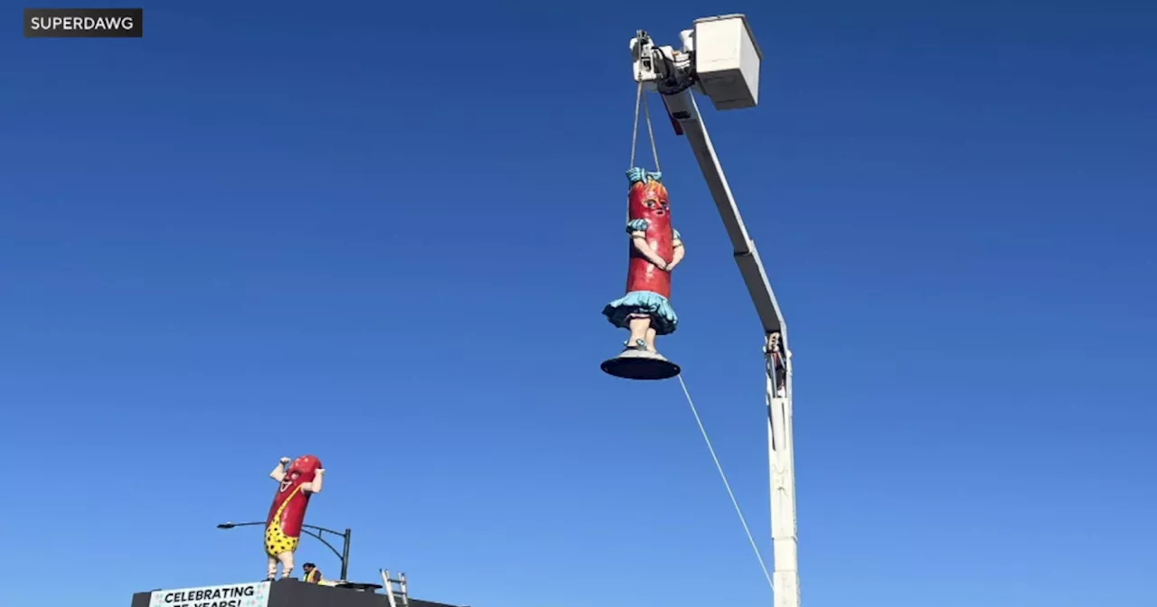 Famous hot dog mascots at Superdawg on Chicago's Northwest Side temporarily removed for restoration