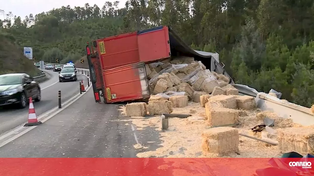 Camião carregado com fardos de palha tomba no IC8 na Sertã