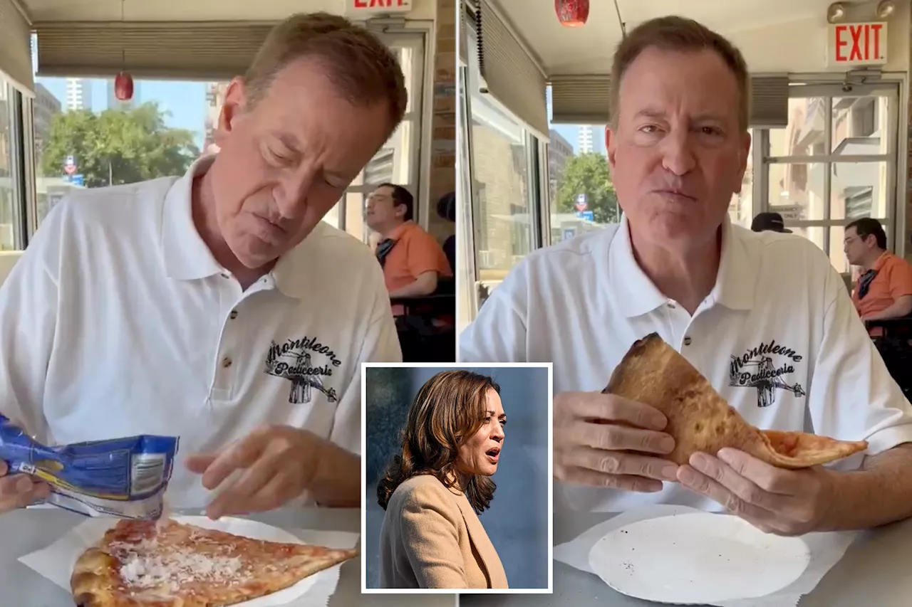 Bill de Blasio sprinkles coconut on pizza, eats it crust- first in bizarre stunt to promote Kamala Harris