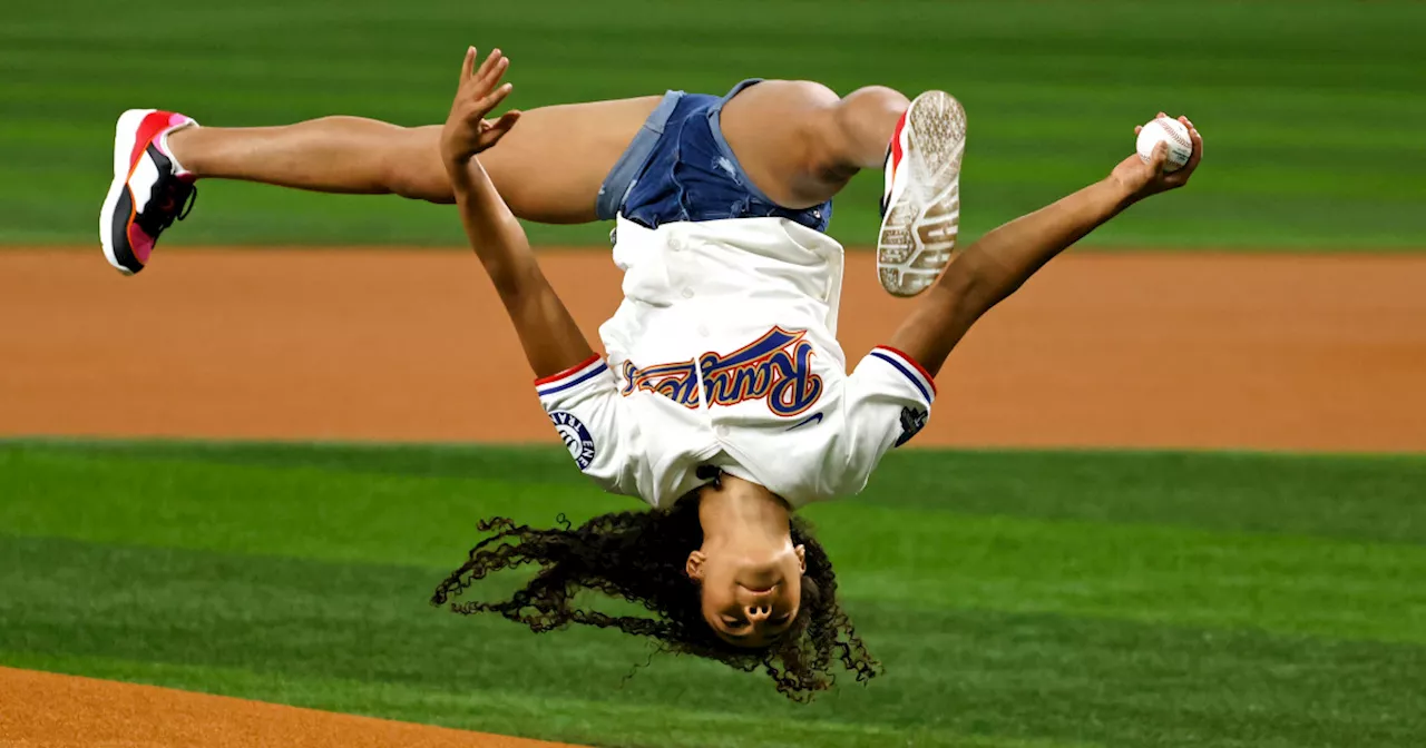 Hezly Rivera Does Flip and Throws First Pitch at Rangers Game