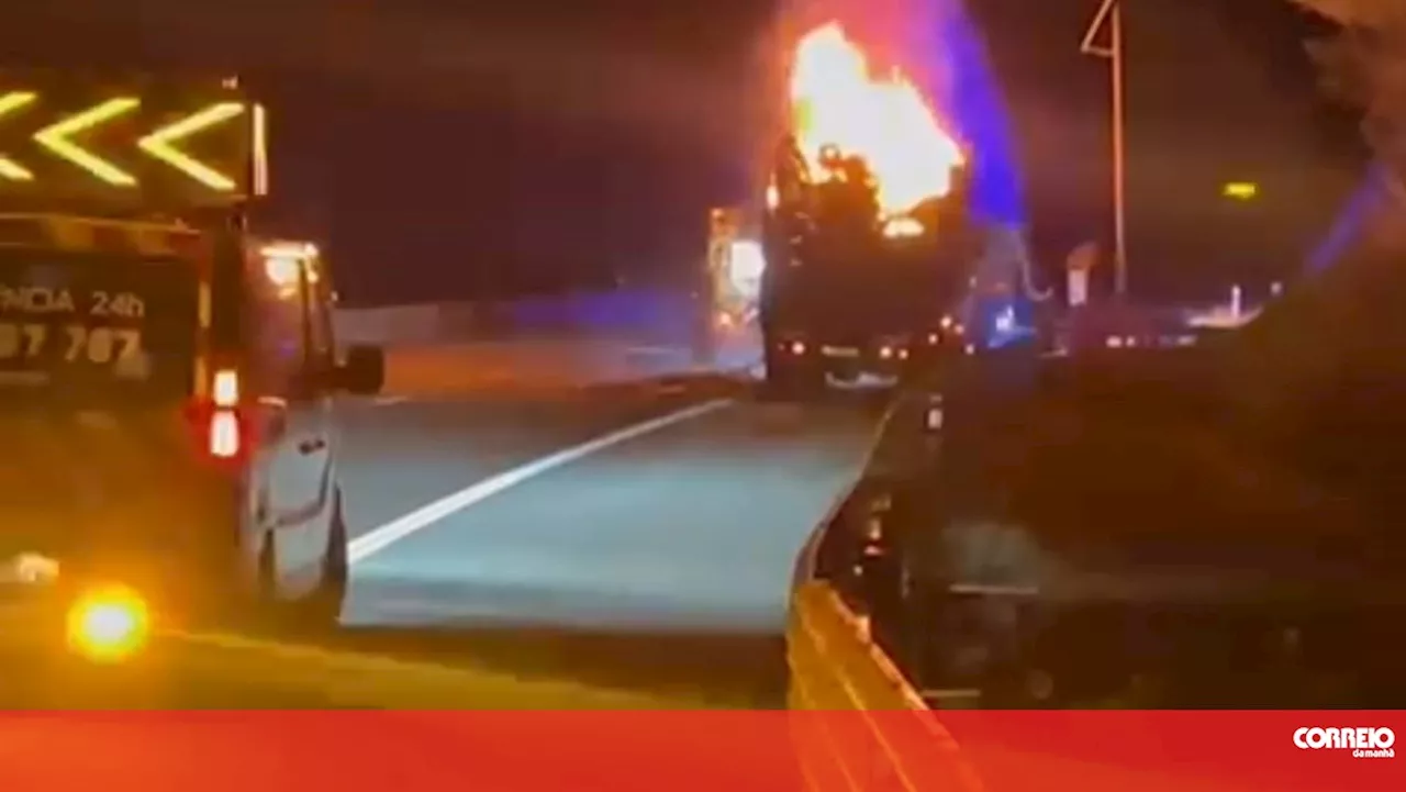 Camião de transporte de lenha consumido pelas chamas em Águeda