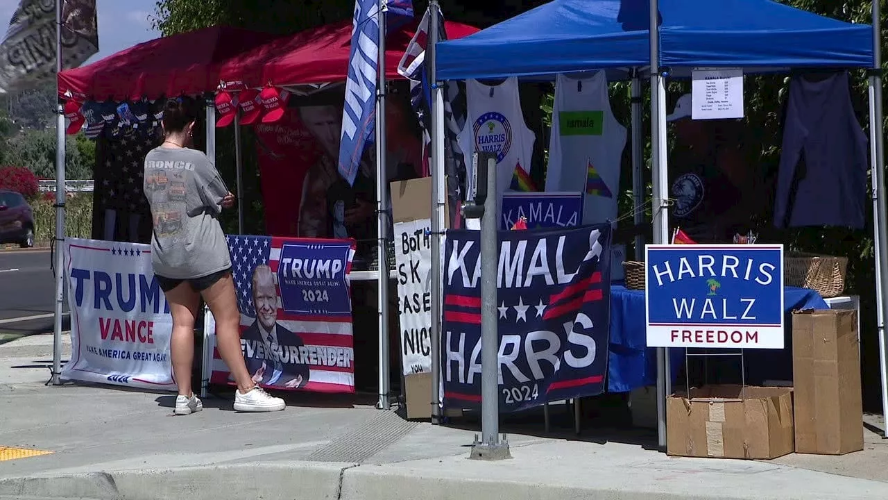 Pro-Donald Trump, pro-Kamala Harris merch stands share corner, friendship in Orange County