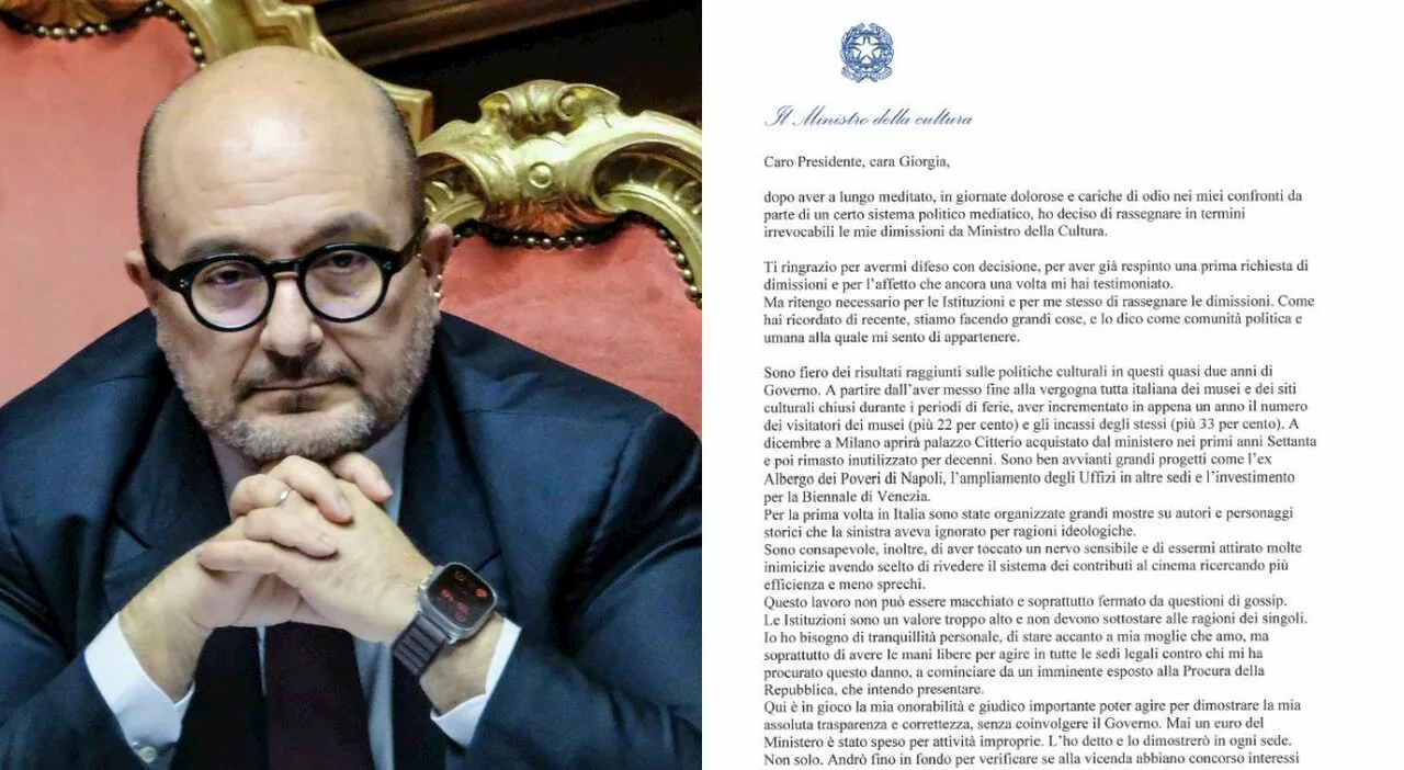 Sangiuliano, la lettera di dimissioni a Meloni: «Ho bisogno di stare accanto a mia moglie che amo». Il testo i