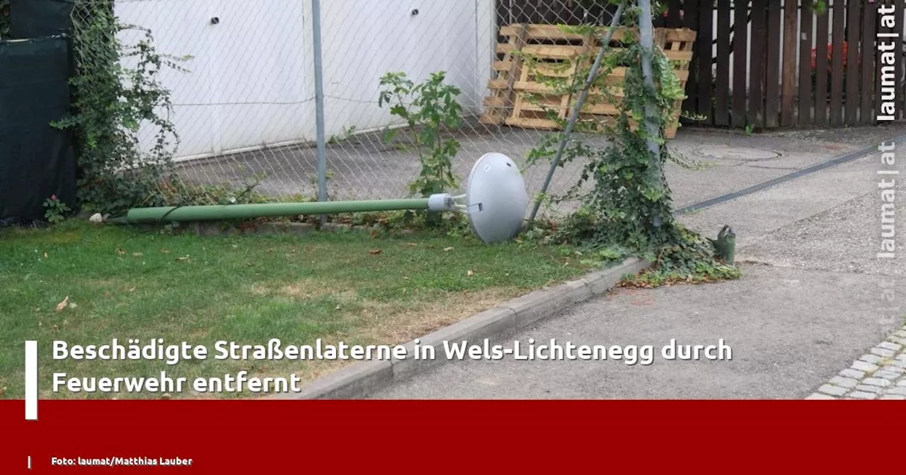 Beschädigte Straßenlaterne in Wels-Lichtenegg durch Feuerwehr entfernt