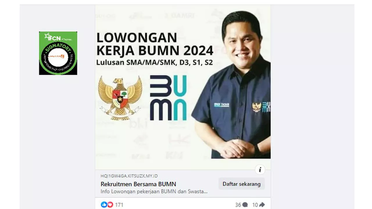 Cek Fakta: Lowongan Kerja BUMN 2024 Lulusan SMA sampai S2 Ini Tidak Benar