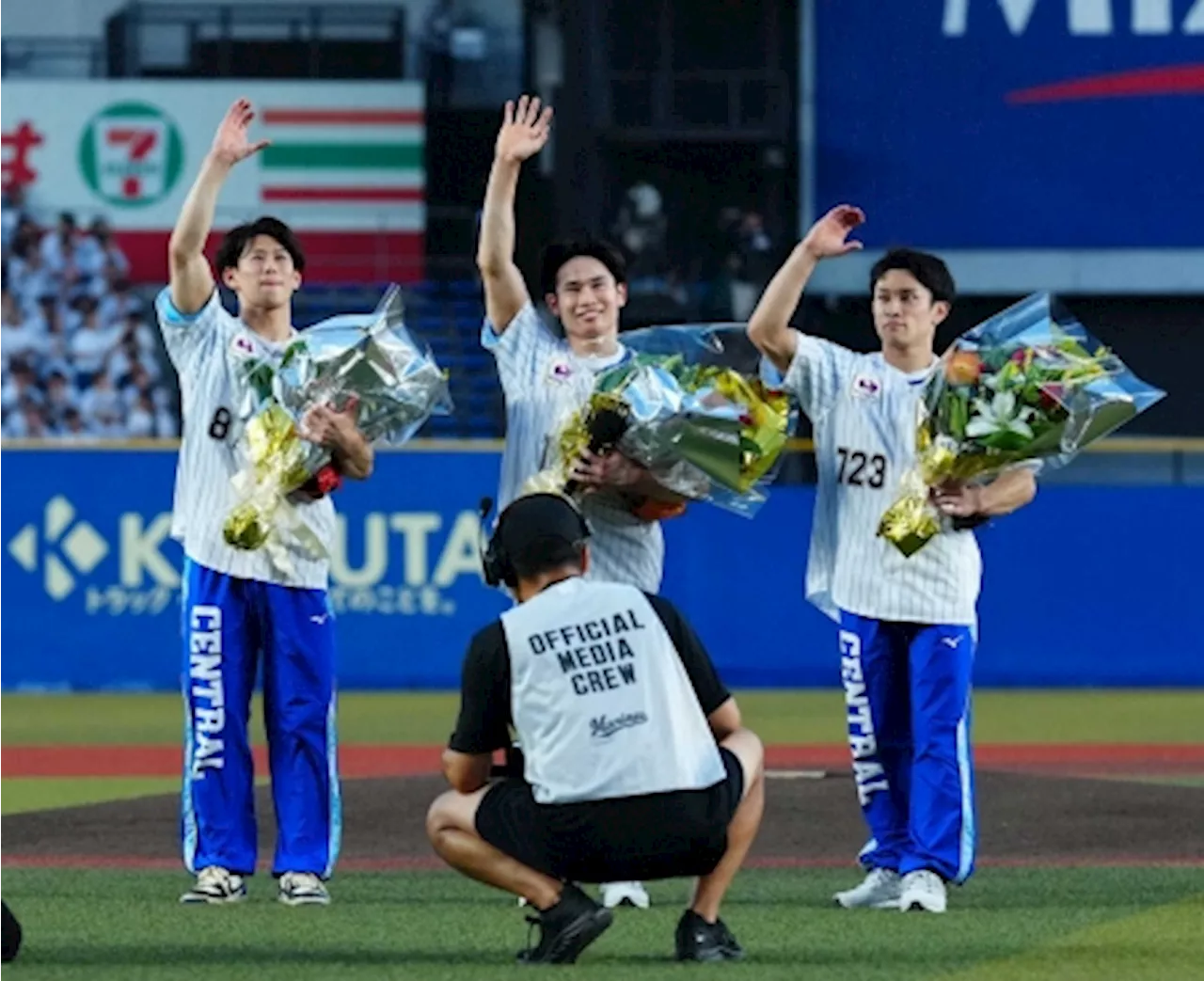 萱和磨 念願始球式に大感激「幕張が地元、光栄」 パリ五輪金・体操男子団体、千葉出身3人が登場