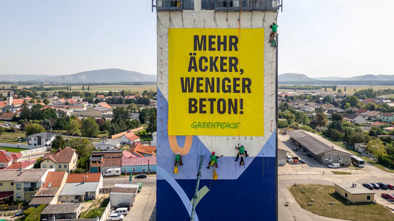 Hingucker: Greenpeace-Aktion auf Siloturm in Engelhartstetten