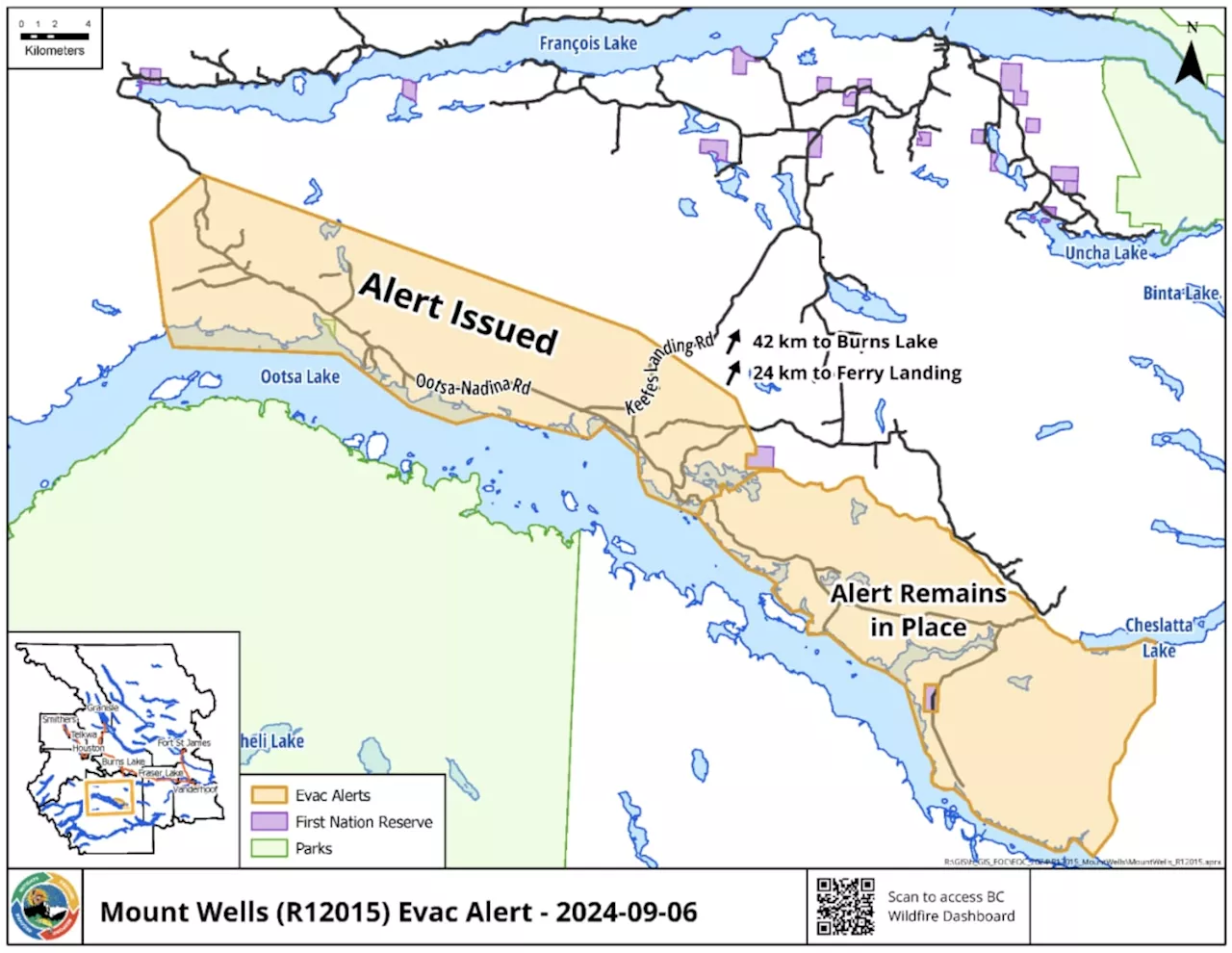 Evacuation alert issued for Ootsa Lake area, Ootsa Nadina Road