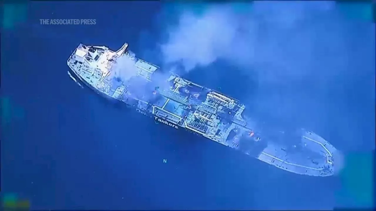 US drone footage shows tanker burning in Red Sea after Yemen rebel attack