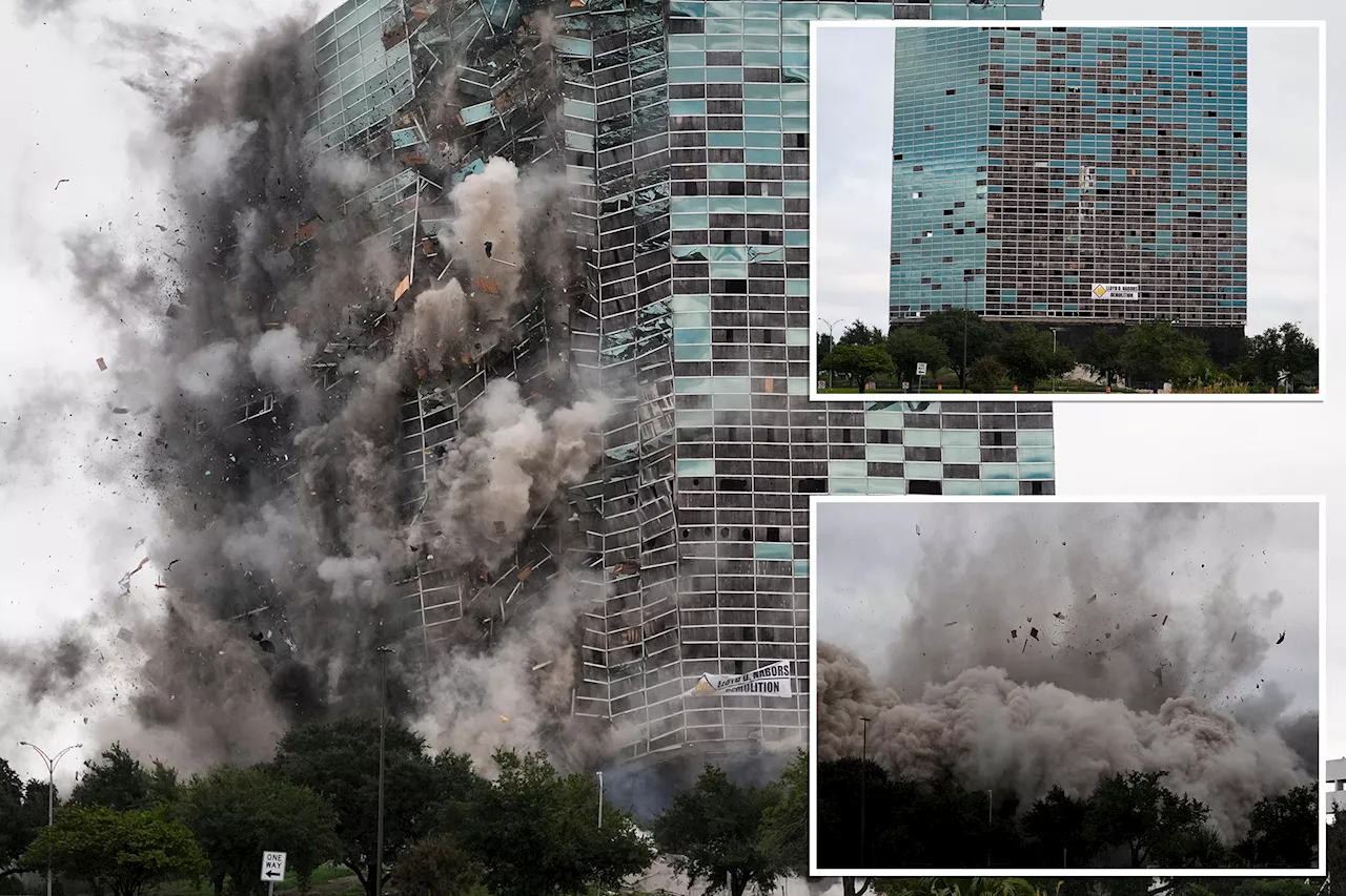 Jaw-dropping footage shows moment hurricane-damaged Hertz Tower skyscraper implodes in Louisiana