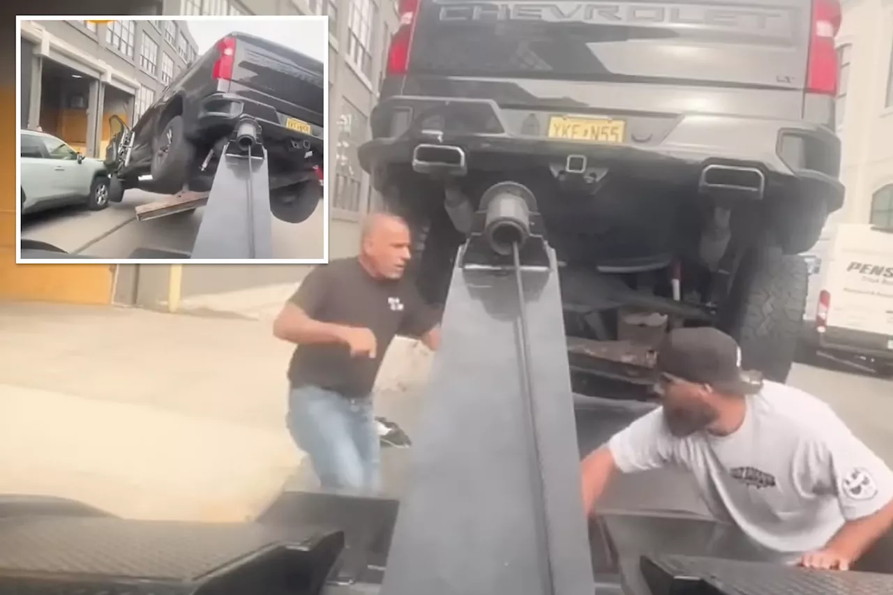 Wild video shows man angry over NYC car-tow speeding off with tow truck and mayhem ensuing