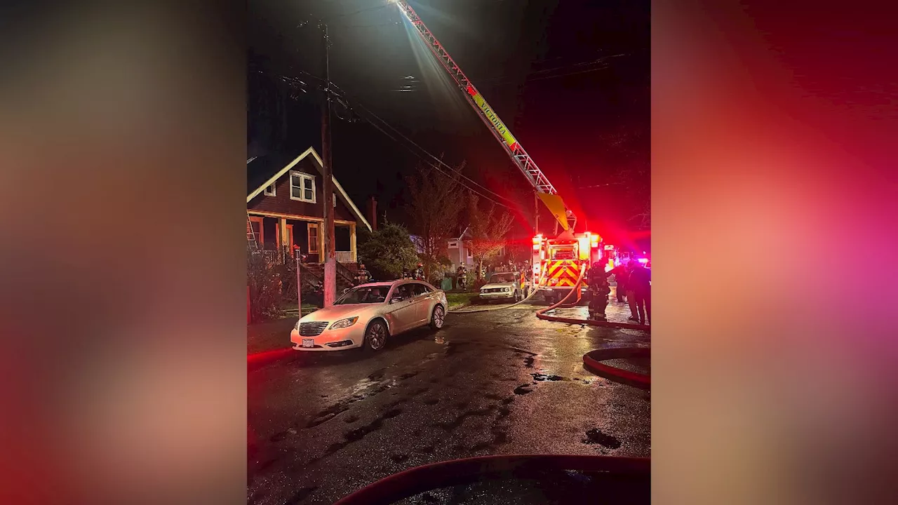 Upper-floor ceiling removed as Victoria crews douse house fire