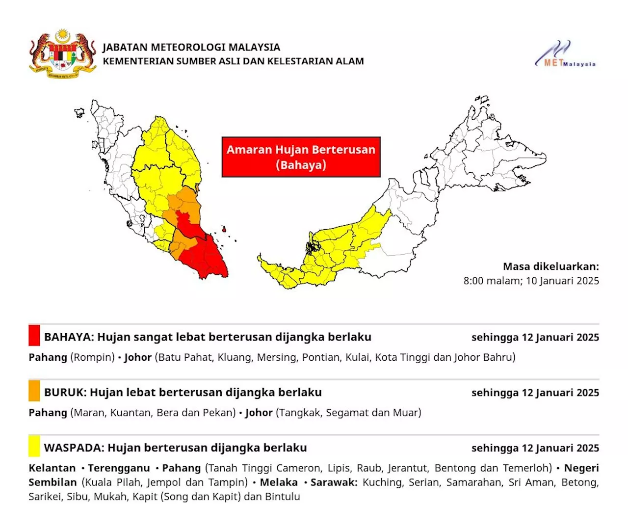 MetMalaysia warns of danger-level continuous rain in Pahang, Johor until Jan 12