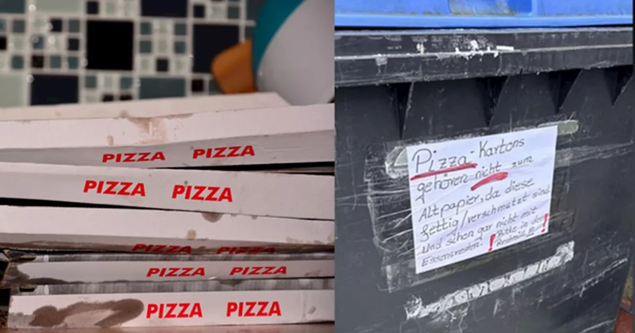 Mann ärgert sich über Pizzakartons in Altpapiertonne und hängt wütenden Zettel auf