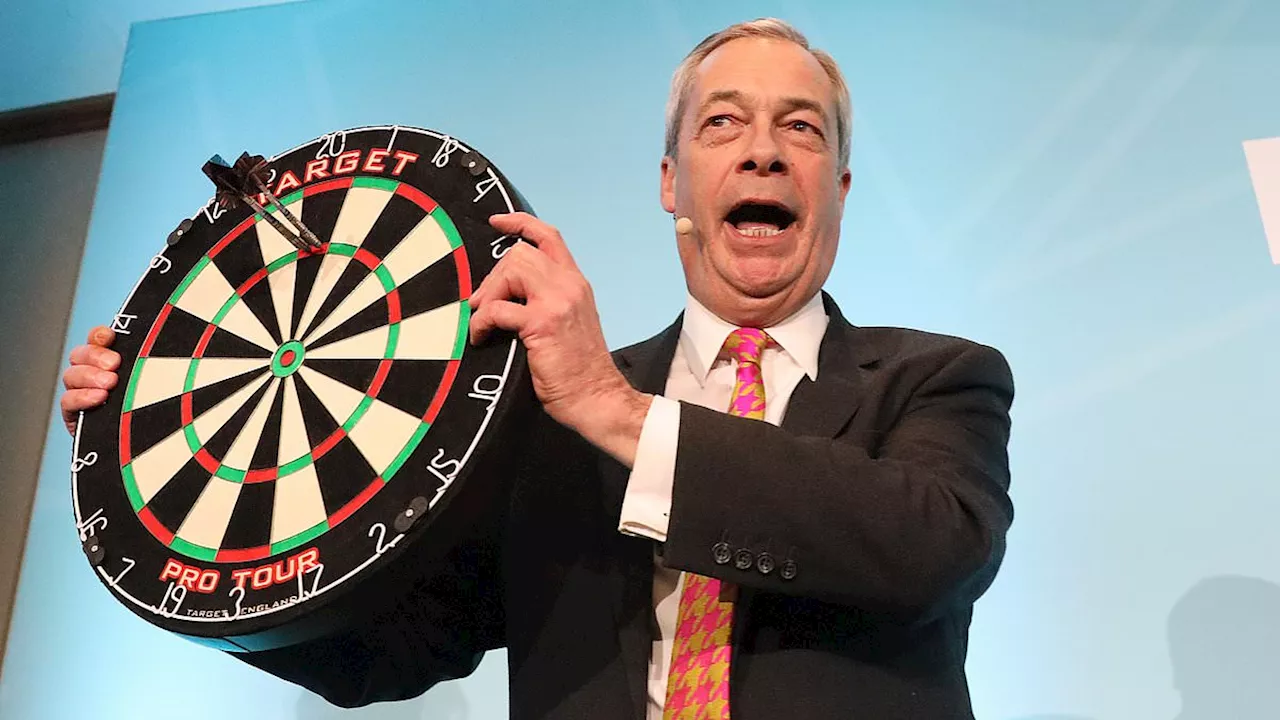 180(000)! Nigel Farage's joy as he channels his inner Luke Littler to celebrate Reform hitting...