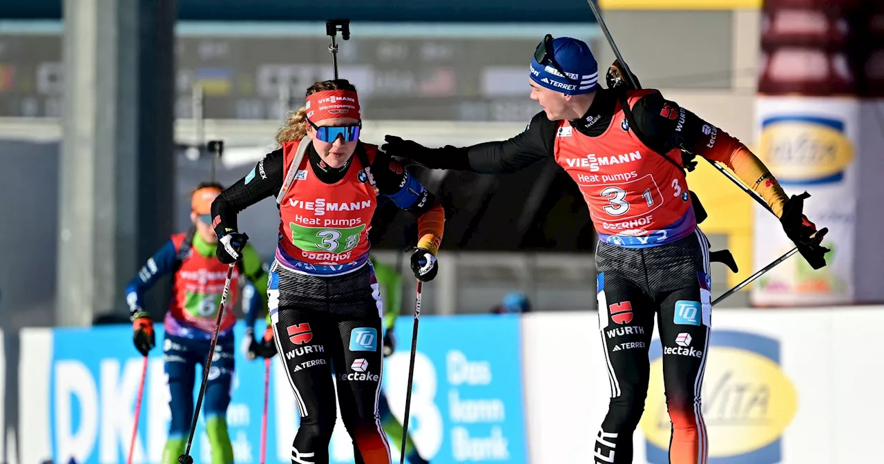 Weltcup in Oberhof: Selina Grotian und Justus Strelow werden in Single-Mixed-Staffel Dritter trotz Schieß-Problemen